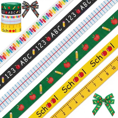 6 PCS 3/8 Back to School Ribbons Preschool Apple Pencil ABC Ribbons Welcome School Grosgrain Ribbons for Crafting Wrapping Gifts Party Decorations