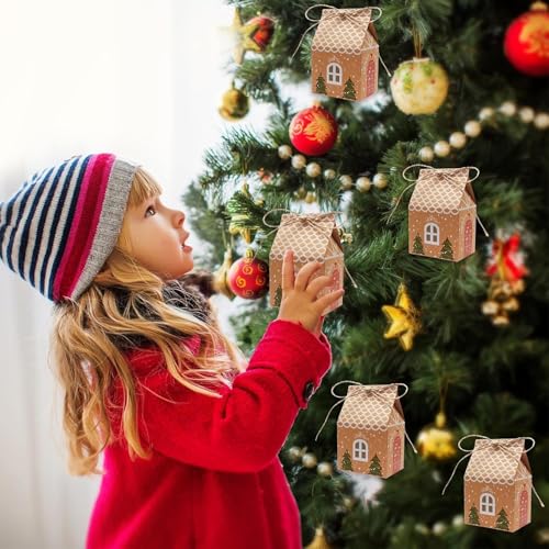 24 Stück Geschenkbox Weihnachten, Adventskalender Häuschen Kraftpapier Geschenkbox Geschenkverpackung Weihnachten mit Hanfseil Geschenkschachtel für Süßigkeiten Schokolade