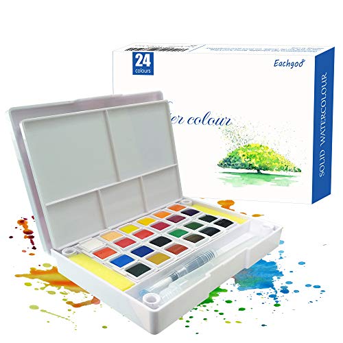 Eachgoo Watercolor Paint Set,24 Colors Travel Pocket Watercolor Kit Includes A Water Brush & 2 Sponges & A Mixing Palette