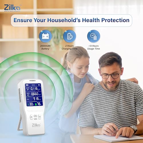 Image of Zilka Air Quality Monitor | Accurate CO2, 11+ Gases TVOC Sensor, HCHO | IAQ | Temperature & Humidity | All Day Battery | 2000mAH Pollution Meter | Smart Alarm | Type-C