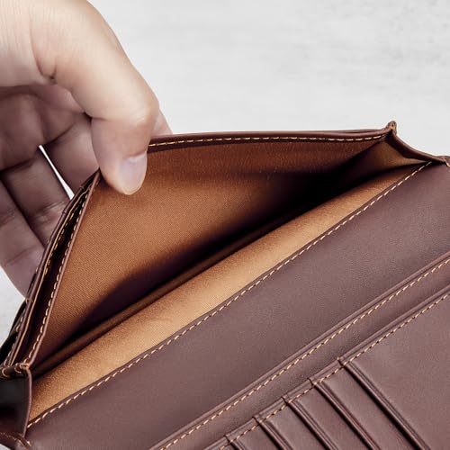 Image of HISCOW Full Grain Leather Men's Long Wallet, 15 Card Slots, Aniline Coffee | Gusseted bill compartment, tall bifold design, clear ID window, ideal for coat pockets or briefcases, turned-edge, gift box