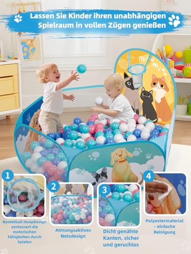 Katze & Hund bällebad baby für Kleinkind mit Basketball-Ring Klappbarer Pop-Up bällebad kinder für Mädchen Jungen Indoor Outdoor Spiel Hund Ballbad 120 cm Breite Spielhauszelt Bälle NICHT enthalten