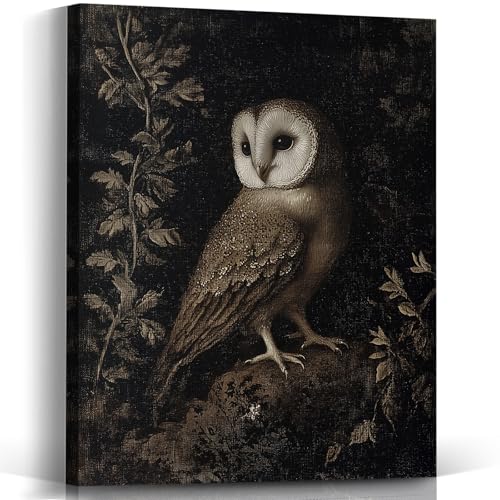 Voxitura Vintage Midnight Owl Wall Art Canvas, Gothic Dark Wall Decor Living Room Bathroom, Black Fa