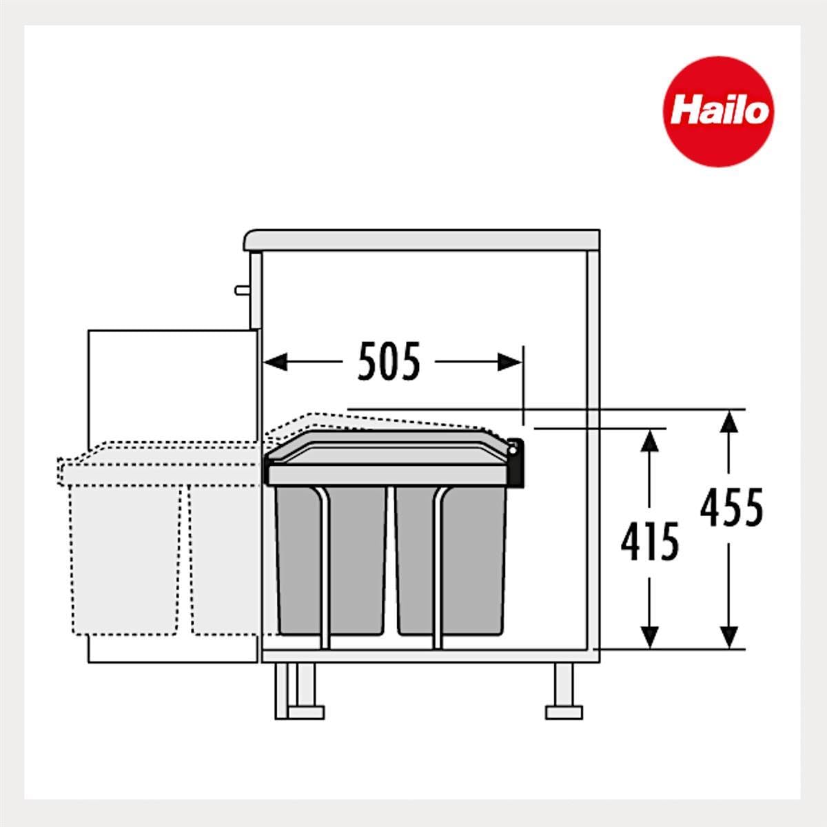 Hailo Abfallsammler Tandem 365010 | 2fach Einbau-Mülleimer | für Schränke ab 300 mm Breite | Bequemer Handauszug auf Rollenführung | Silber und Kunststoff Anthrazit (2x 15L)