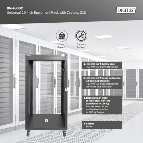DIGITUS DN-48002 - Rack de Audio - 19 Pulgadas - 21U - Rack de Equipo Universal - para Accesorios de Audio y vídeo - Sin Montar - Carga máxima 136 kg - con Ruedas - Negro - imagen 4