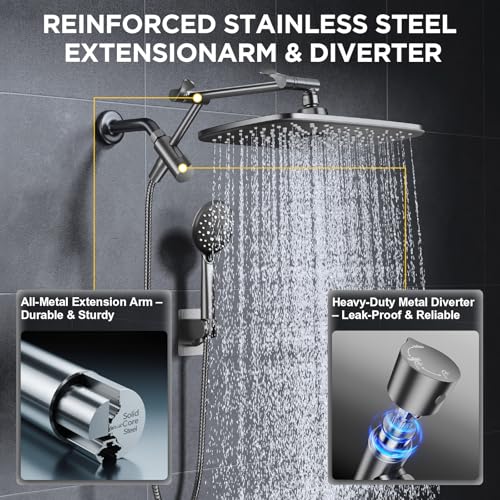 Image of Veken 11.8 inch Rain Shower Head with Handheld, High Pressure Handheld Shower with Multi Spray Modes, Rainfall Combo with 15 inch Metal Extension Arm, Detachable Dual Shower, Bathroom Decor, Gunmetal Gray