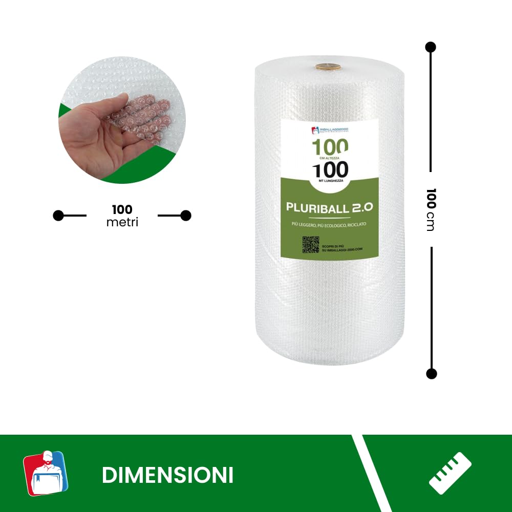 Pluriball Imballaggio 50% Materiali Riciclati 2.0 1 Rotolo 100mtx100cm 28gr/mq Plastica per Imballaggio con Bolle