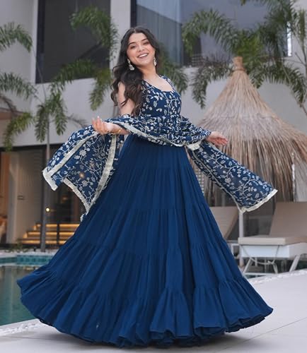 Image of FOXDX Design a New Fuax Georgette Sleeveless Anarkali Gown with Dupatta 2 Peice Pair for Women | 7 mtr Gown Flair | 54 inch Gown Length