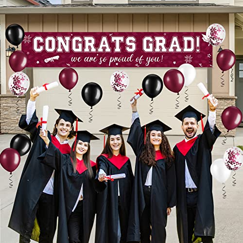 Image of 37Pcs Graduation Banner Balloon Decorations Class of 2026, Congrats Grad Banner Yard Outdoor Decorations, Graduation Balloons Banners Set for High School College Grad Party Supplies, Maroon