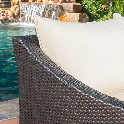 Image of DEVOKO Patio 3PCS Outdoor L Shape Rattan Sofa Set with Cushions and Center Table Furniture for Garden, Porch, Backyard (Dark Brown & Cream)