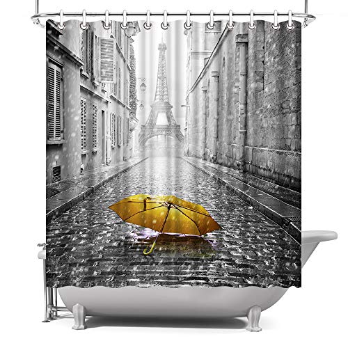 Artbones Paris Eiffel Tower Shower Curtain Yellow Umbrella In Paris Street 72"X72" Polyester Fabric Shower Curtain Yellow Grey Bath Curtain Bathroom Decor #TOP13