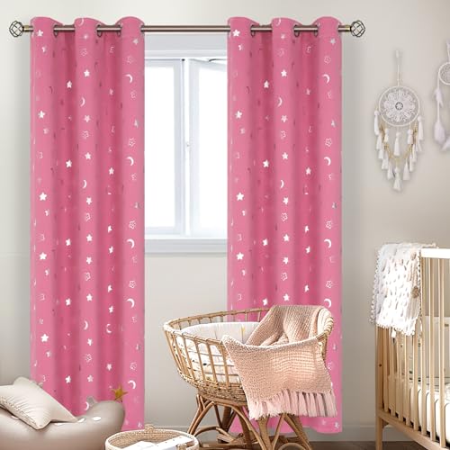 Image of BGment Pink Curtains for Girls Bedroom 84 Inch Length, Star and Moon Blackout Curtains for Kids Babys Bedroom, Room Darkening Thermal Insulated Window Grommet Curtains for Nursery, 42 Wide, 2 Panels