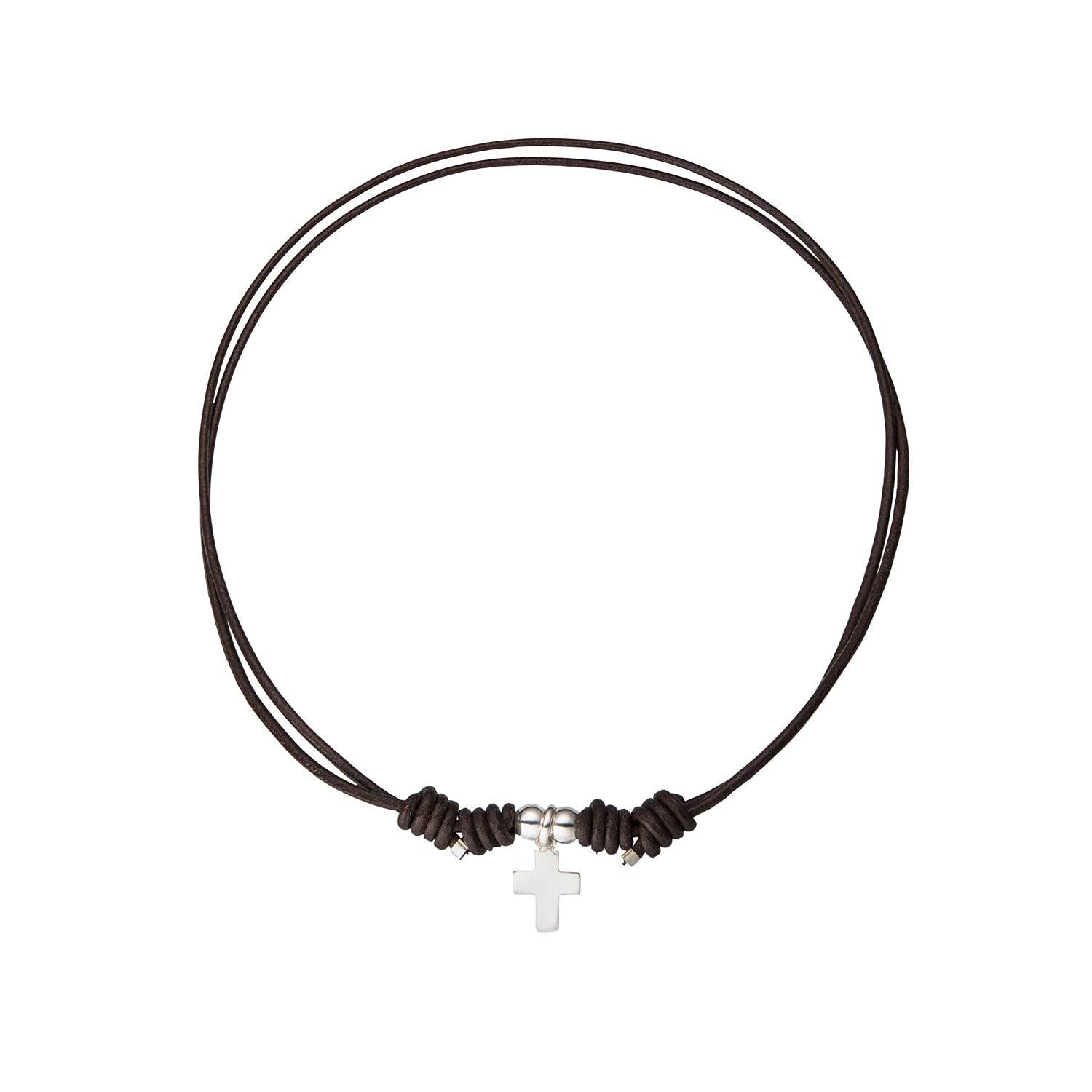 Colgante religoso Cruz con Bolitas de Plata - Collar para niño o niña - Cordón de Cuero Negro Ajustable - Plata de Ley