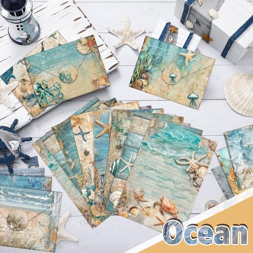 Image of TaoBary 160 Pcs Ocean Stationery Paper and Envelopes Set 50 Double Sided Lined Stationery Paper with 50 Matching Envelopes and 60 Round Dot Sticker 5.5 x 8.25'' Letter Writing Kit, 10design