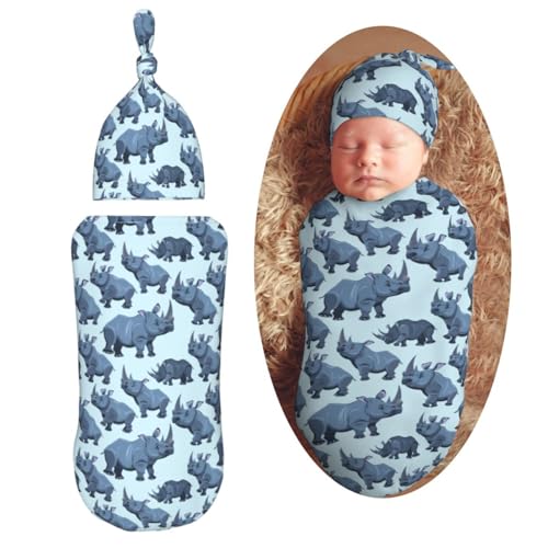 Image of Muishi Cartoon Animal African Rhinos Newborn Swaddle Blankets Hat Sets Soft Baby Receiving Blanket Swaddle Sack for Baby Shower Infant Boy Girl Gift