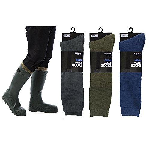 Clothing Unit Mens Wellie Socks Wellington Boot Liners Welly Warmers Warm Dry 7-11 (1 Navy 1 Khaki 1 Charcoal)