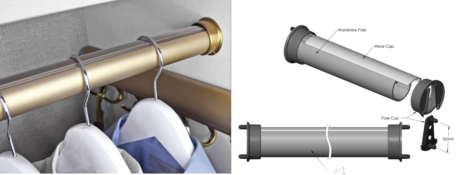 TAG Hardware Premium Round Wardrobe Closet Rod with End Supports and Protective Insert Cap 18 inches to 92 inches Lengths, Matte Gold (18 Inch)