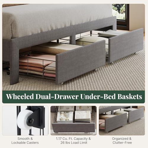 Image of Queen Size Storage Bed Frame, Square Tufted Headboard, Platform Bed with 2 Underbed Drawers at Foot, Wooden Slats Support, No Box Spring Needed, Dark Gray
