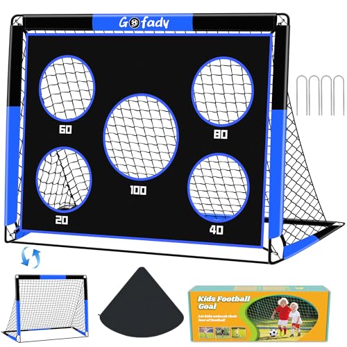 Gofady Portería de Fútbol para Niños, 2 en 1 Pop Up Porterías de Fútbol con 5 Disparar y Bolsa de Transporte, Equipos de Entrenamiento de Futbol Jardín Interior y Exterior (Azul, 150 * 120CM)