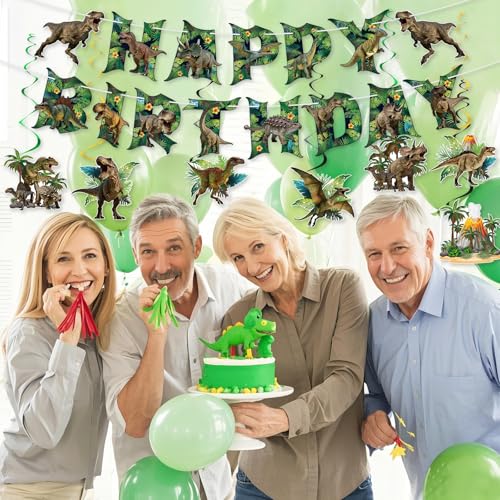 Image of Hooqict Happy Birthday Banner Dinosaur Birthday Decorations with 15Pcs Dinosaur Hanging Swirl Ceiling Streamers for Kids Boys Jungle Safari Green Dino Themed Party Decorations Supplies