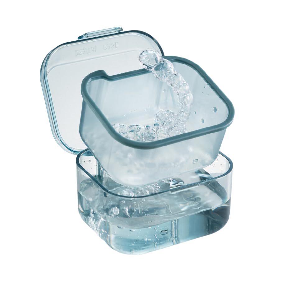 Denture Bath Box Three-Layer Separation Retainer Case Denture Soak Container (Blue)
