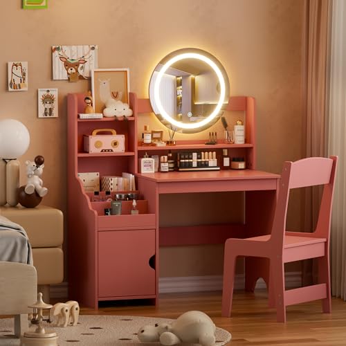 Coiffeuse pour Enfants 2 en 1 Coiffeuse Enfant Fille en Bois avec Miroir LED et Tabouret Moderne Vanity Coiffeuses Petite Fille avec Rangement Dispositif...