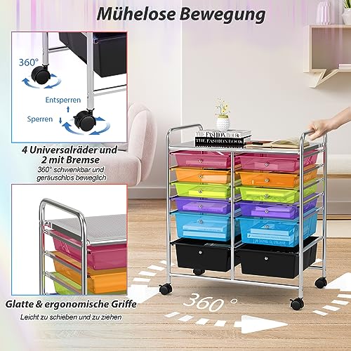 COSTWAY Rollwagen mit 12 stapelbaren Schubladen, Schubladenwagen Rollcontainer mit Metallgestell und Ablagefläche, Badrollwagen Aufbewahrungswagen für Büro, Wohnzimmer (Transparent bunt)