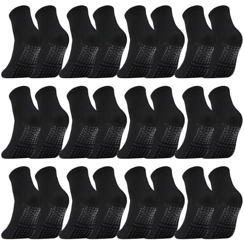 Liitrsh 12 Pairs Grip Pilates Socks for Women Non Slip Crew Grip Socks for Yoga Barre Ballet Barefoot Workout Hospital, Black