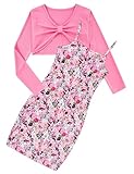 Kimoda Girls Cute 2 Piece Outfit Dress Pink Floral Cami Dresses with Long Sleeve Bow Crop Top Shirt Set Size 5 Size 6 Girl Bodycon Dress 5-6 Years
