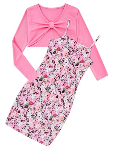 Kimoda Girls Cute 2 Piece Outfit Dress Pink Floral Cami Dresses with Long Sleeve Bow Crop Top Shirt Set Size 5 Size 6 Girl Bodycon Dress 5-6 Years