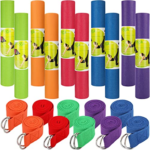 Nuogo 10 Pcs Yoga Mats 68 X 24 X 0.16 Inch & 10 Pcs Yoga Strap Set, Non Slip Mat, Adjustable Stretch Band W/ D Ring Buckle Stretching Gym Workouts Yoga Fitness, Red, Orange, Green, Blue, Purple #TOP14