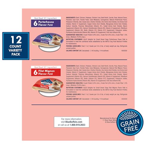 Blue Buffalo Delights Natural Adult Small Breed Wet Dog Food Variety Pack, Made with Natural Ingredients, Filet Mignon Flavor Paté & Porterhouse Flavor Paté, 3.5-oz. Cups (12 Count, 6 of Each)