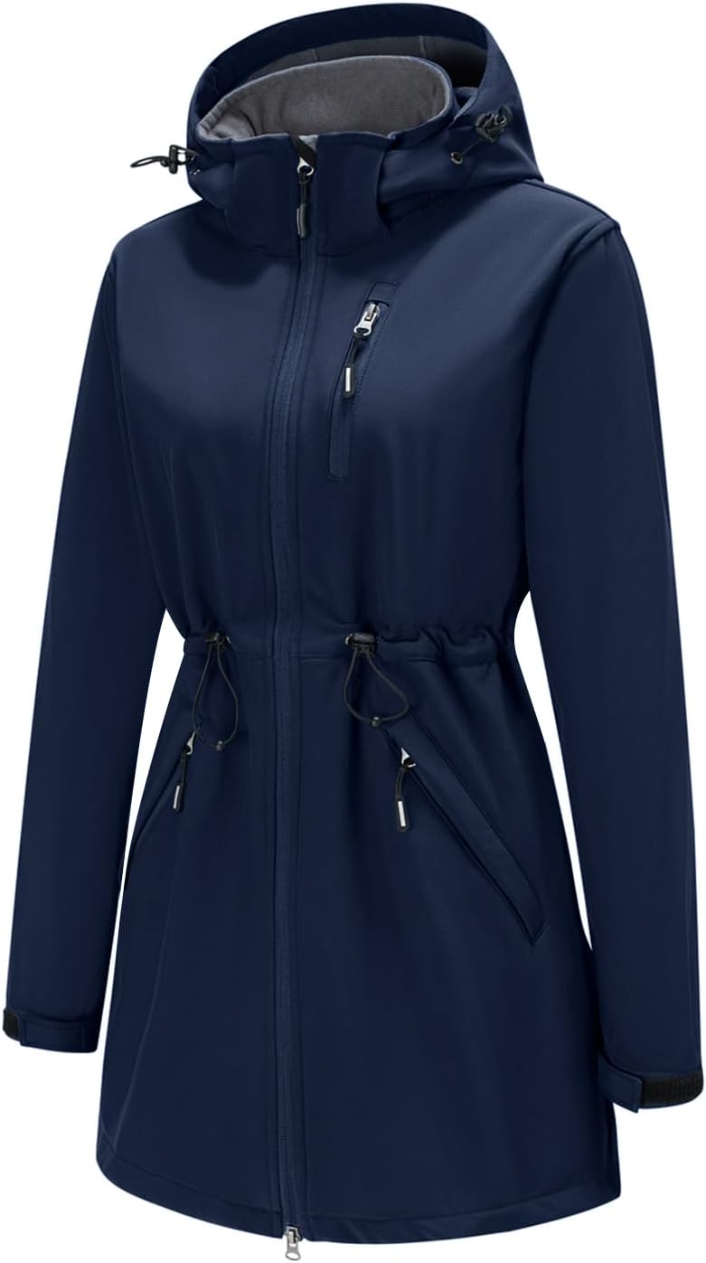 Women’s Softshell Jacket Lightweight Long Rain Coat Hooded Waterproof Windproof Fleece Lined Insulated Windbreaker
