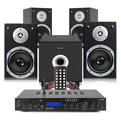 Fenton SHFB55B HiFi Bookshelf Stereo System, 4x 5-Inch Speakers, Bluetooth Amplifier, Surround Sound Subwoofer, Home Audio Speaker Set