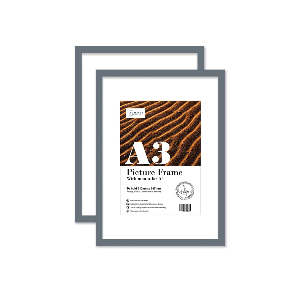 Almost Frameless A3 Grey Picture Frame Set of 2, Display A4 Pictures with Mount or A5 Without Mount Gallery Wall, Poster, Photo, Artwork, or Print, Grey