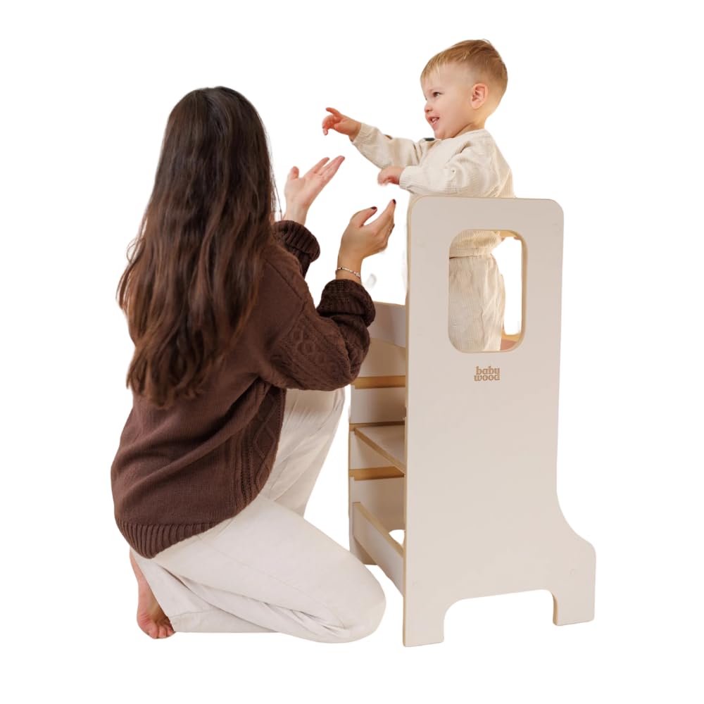 Babywood Lernturm Slim – höhenverstellbarer Küchenhelfer für Kinder, Stehpodest & Trittstufe, 85×40×41 cm, sicher & stabil, MDF, Farbe Kaschmir