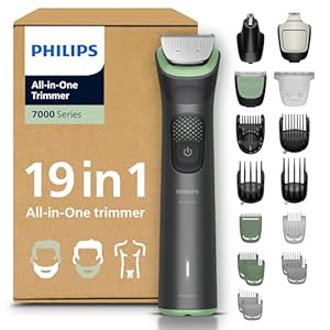 PHILIPS Multigroom Series 7000 All-in-One 19-teiliger Barttrimmer und Haarschneider für Gesicht, Kopf und Körper, selbstschärfende Metallklingen, 26 Längeneinstellungen (0,5-20 mm), Modell MG7962/30