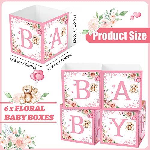 Image of Bucherry 6 Pcs Baby Shower Centerpieces with Letters, 7 inch Baby Blocks Flower Boxes for Table Decorations, Gender Reveal Party Supplies & Photo Props(Pink,Pink Bear)