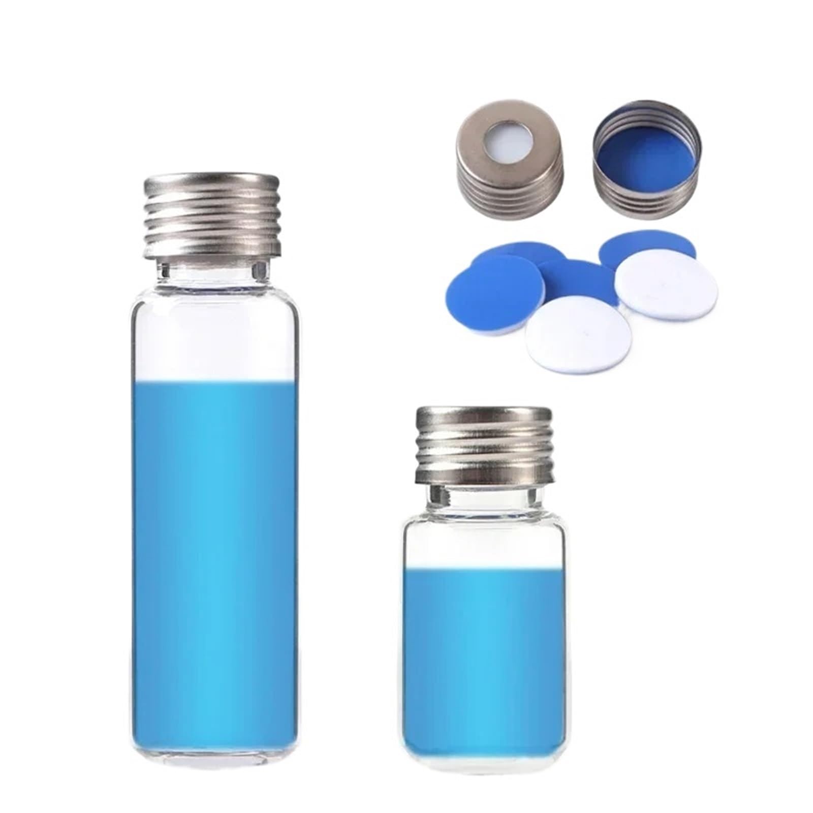 equipo de laboratorio Tapón de rosca, espacio de cabeza, acero, tapa magnética, septos de PTFE/silicona (parte superior blanca, parte inferior azul) 18 mm, 100/paquete. Tamaño de la tapa: 18 mm