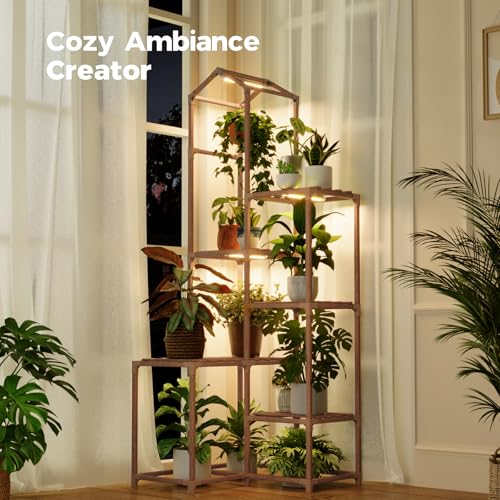 Image of Bamworld Tall Corner Plant Stands with Grow Lights Indoor Outdoor Plant Shelves for Multiple Plants Display Haning Planter Living Room Pation Garden Decor