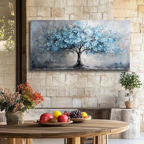 crmotu Tree of Life Large Wall Art for Living Room, Cherry Blossom Abstract Canvas Art Prints, Blue Flowers Tree Pictures Wall Decor, Nature Plant Modern Bedroom Bathroom Office Decor 30"X60"
