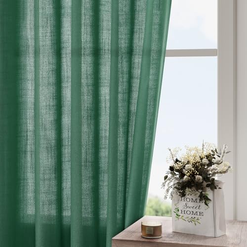 Image of Nanspring Linen Curtains 84 Inch Long for Living Room Back Tab Dark Green