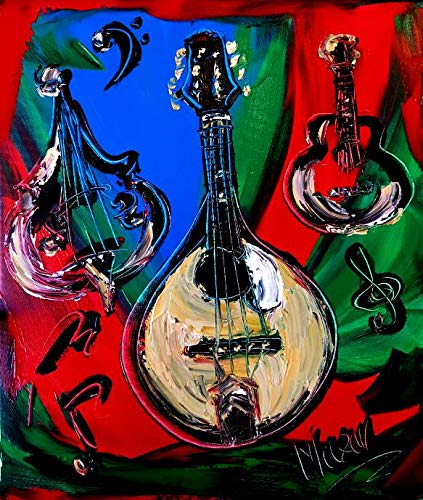 MANDOLINA BY Mark Kazav Original Fine Art Paintings - Mark Kazav Original Paintings Original Handmade Canvas Stretched Gallery Direct Wall Decor Abstract Music Art Red Blue Fast Shipping