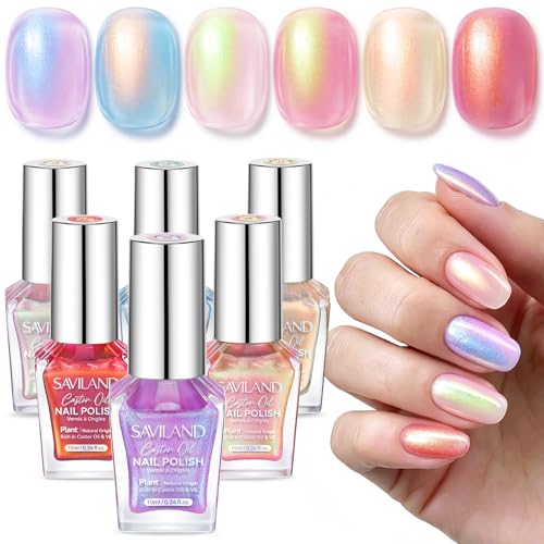 Image of SAVILAND 18-Free Nail Polish Set: 6 Colors Quick Dry Nail Polish Pearl Light Pink Purple Blue Shimmer Fingernail Polish Long-Lasting Mermaid Nail Lacquer for Girls Women DIY Manicure Home 10ml