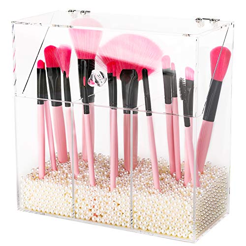 Acrylic Makeup Brush Holder with Dustproof Lid, MUZILAN Large Capacity Acrylic Clear Cosmetic Brush Storage Organizer for Vanity, with 3 Drawers and Pearls