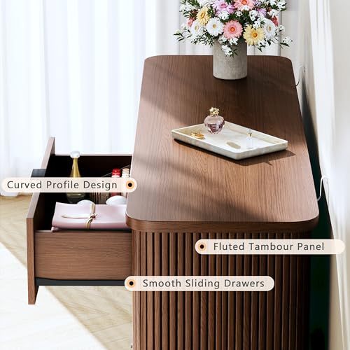 Image of HUAHUU Fluted 6 Drawers Dresser for Bedroom, 55 inch Mid Century Modern Dresser & Chests of Drawers, Curved Profile Design, Dresser TV Stand, for Entryway, Hallway, Walnut