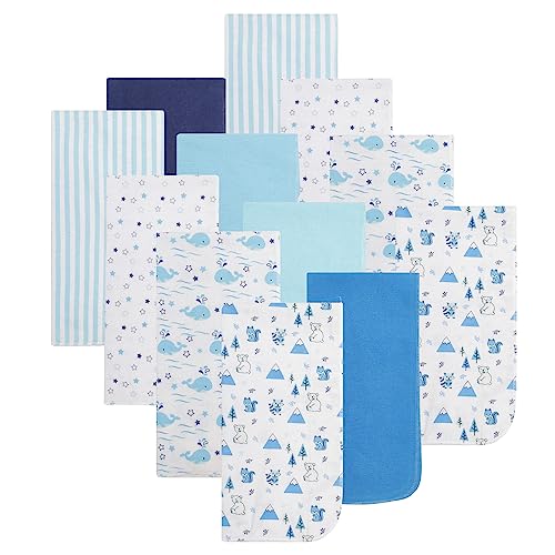 Image of EVERYDAY KIDS 12 Pack Burp Cloths for Baby Boy; Newborn Essential with - Large Absorbent Cotton Flannel Blue Burping Cloths for Babies with Woodlands, Celestial and Whales Prints and Solids