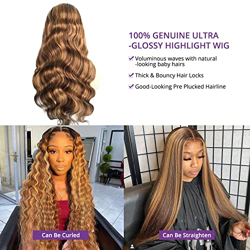 13X4 Ombre Highlight Lace Front Wig Body Wave Human Hair Wig 4/27 Blonde 200% Density Curly Lace Frontal Human Hair Wig Pre Plucked With Baby Hair Glueless Hd Transparent Lace Frontal For Black Women (20Inch, 4/27-Body) #TOP2