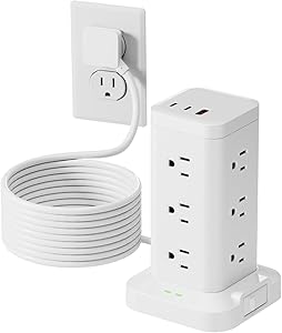 15-in-1 Power Strip Tower with Surge Protector 1800J, Fast Charging Tower PD20W USB-C Ports with 12 AC Outlets, 15ft Extension Cord for Home Office Dorm Room, White