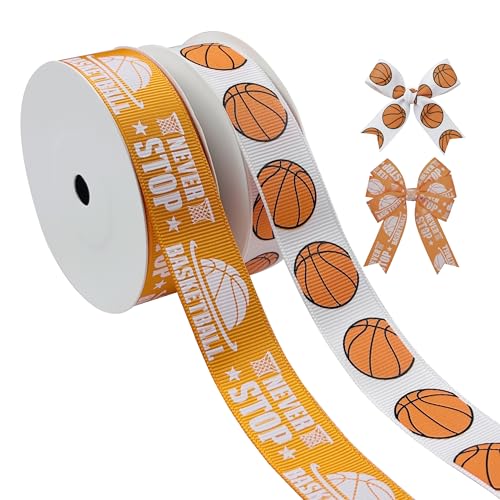Basketball Ribbon Set 2 Rolls 20Yards Sports Grosgrain Orange and White Basketball Print Ribbons for Gift Wrapping Hair Bows DIY Crafts and Sports Party Decorations(7/8 Inch x 10 Yards Each)